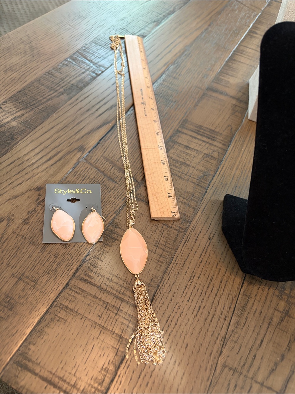 Style & Co. Gold-Tone Peach Pendant Tassel Necklace with Matching Earrings
